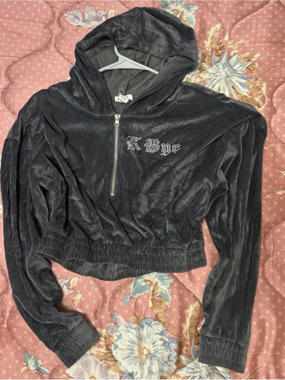 Rue21 Black Velour Cropped Zip Hoodie with Rhinestone Script
